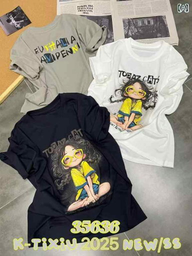 広 州 新 中国 2025 新型 商品 文字 少女 プリント Tシャツ 女性 年齢 軽減 半袖 トップス 広 州 新 中国 2025 新型 商品 文字 少女 プリント Tシャツ 女性 年齢 軽減 半袖 トップス