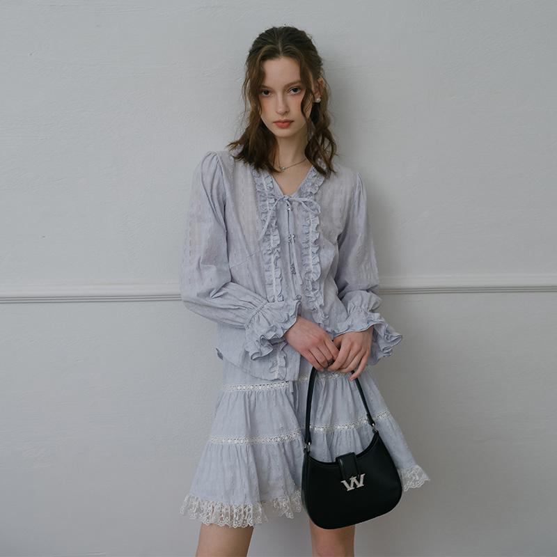 アシンメトリー ホワイトレース ヘム カジュアル ハイウエスト フレア マルチレイヤー スカート トップス エレガント セット かわいい おしゃれ 綺麗