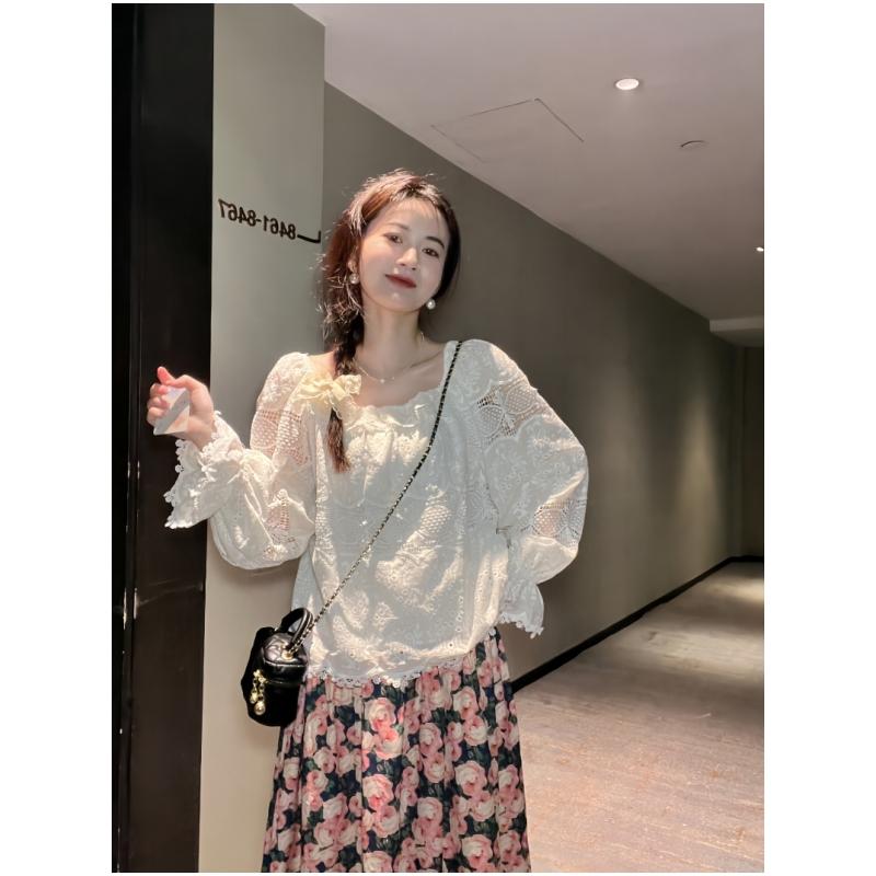 アシンメトリー ホワイトレース ヘム カジュアル ハイウエスト フレア マルチレイヤー スカート トップス エレガント セット かわいい おしゃれ 綺麗