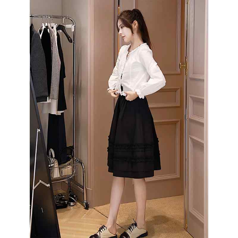 アシンメトリー ホワイトレース ヘム カジュアル ハイウエスト フレア マルチレイヤー スカート トップス エレガント セット かわいい おしゃれ 綺麗 フレン...