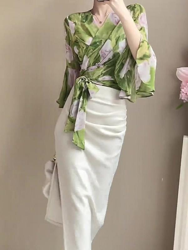 アシンメトリー ホワイトレース ヘム カジュアル ハイウエスト フレア マルチレイヤー スカート トップス エレガント セット かわいい おしゃれ 綺麗 フレン...