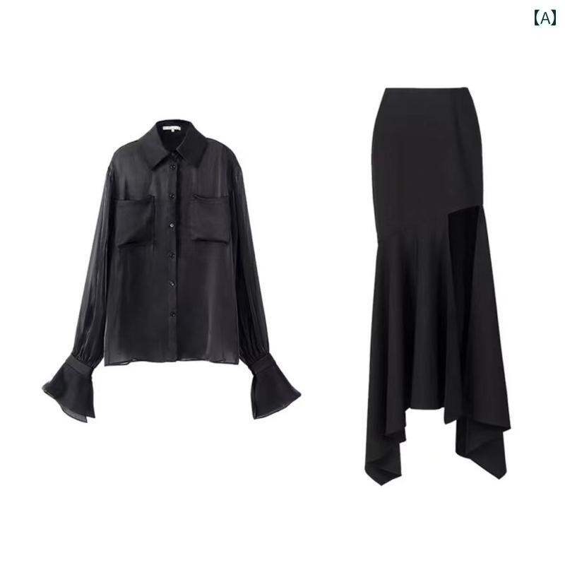 アシンメトリー ホワイトレース ヘム カジュアル ハイウエスト フレア マルチレイヤー スカート トップス エレガント セット かわいい おしゃれ 綺麗