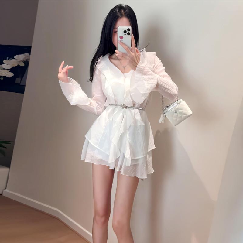 アシンメトリー ホワイトレース ヘム カジュアル ハイウエスト フレア マルチレイヤー スカート トップス エレガント セット かわいい おしゃれ 綺麗