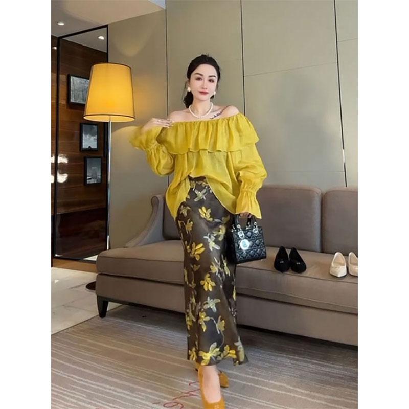 アシンメトリー ホワイトレース ヘム カジュアル ハイウエスト フレア マルチレイヤー スカート トップス エレガント セット かわいい おしゃれ 綺麗 黄色 白 茶色