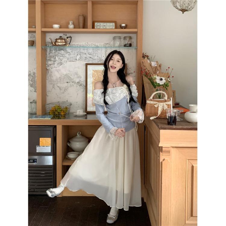 アシンメトリー ホワイトレース ヘム カジュアル ハイウエスト フレア マルチレイヤー スカート トップス エレガント セット かわいい おしゃれ 綺麗 フレン...