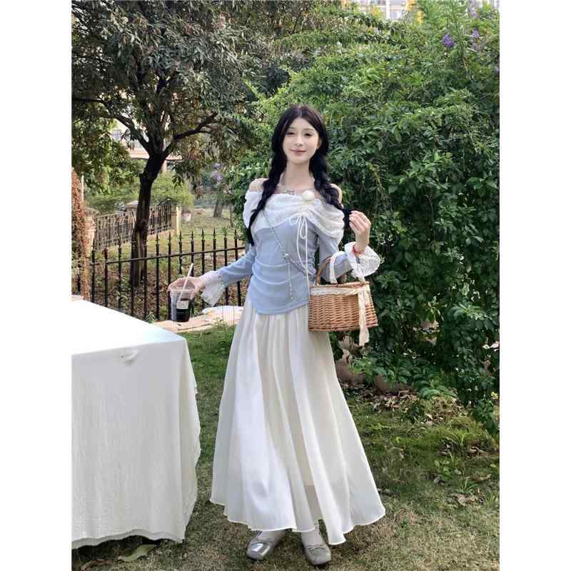 アシンメトリー ホワイトレース ヘム カジュアル ハイウエスト フレア マルチレイヤー スカート トップス エレガント セット かわいい おしゃれ 綺麗 フレン...