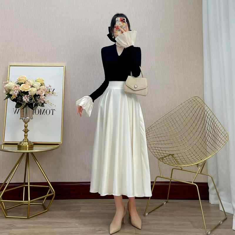 アシンメトリー ホワイトレース ヘム カジュアル ハイウエスト フレア マルチレイヤー スカート トップス エレガント セット かわいい おしゃれ 綺麗 フレン...