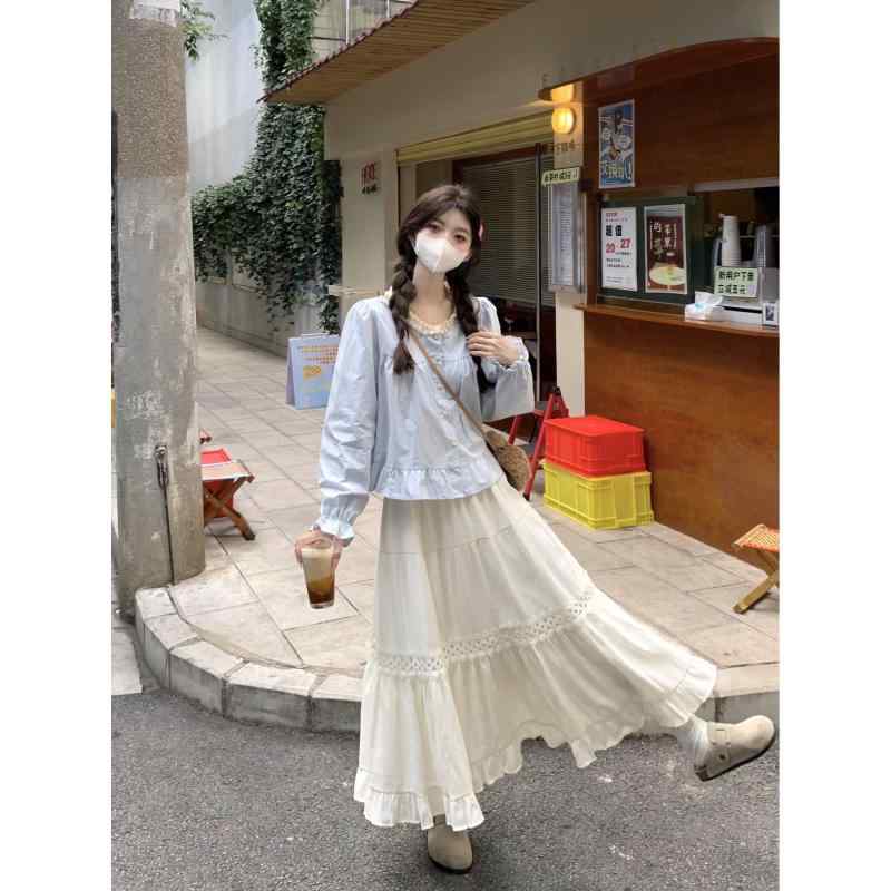 アシンメトリー ホワイトレース ヘム カジュアル ハイウエスト フレア マルチレイヤー スカート トップス エレガント セット かわいい おしゃれ 綺麗