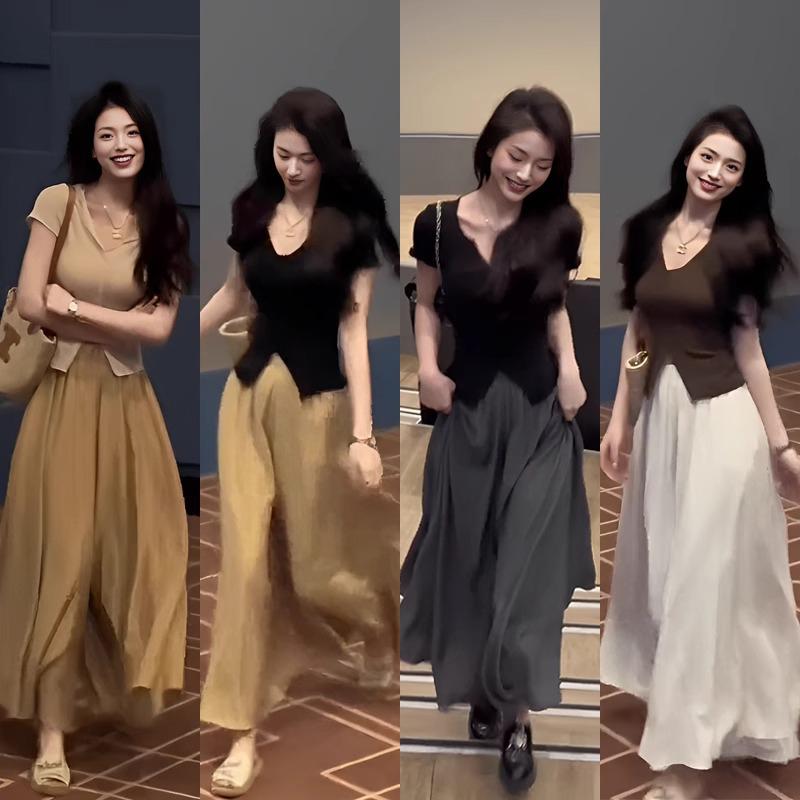 アシンメトリー ホワイトレース ヘム カジュアル ハイウエスト フレア マルチレイヤー スカート トップス エレガント セット かわいい おしゃれ 綺麗