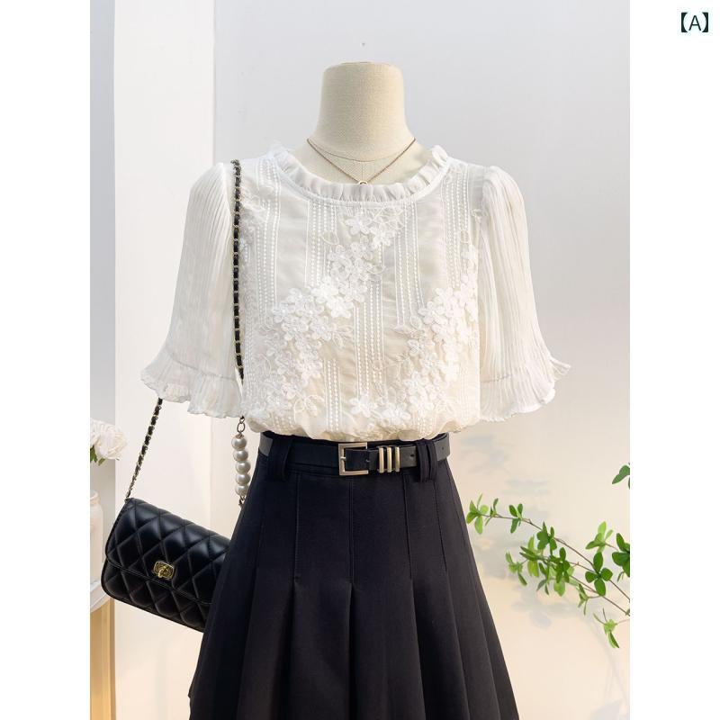 アシンメトリー ホワイトレース ヘム カジュアル ハイウエスト フレア マルチレイヤー スカート トップス エレガント セット かわいい おしゃれ 綺麗 夏