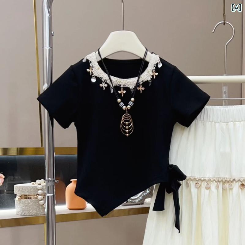 アシンメトリー ホワイトレース ヘム カジュアル ハイウエスト フレア マルチレイヤー スカート トップス エレガント セット かわいい おしゃれ 綺麗