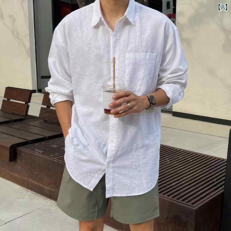 ビーチ ホワイト コットン＆ リネンシャツ メンズ 長袖 春夏 薄手 ゆったり リネン 日焼け防止 シャツ ジャケット