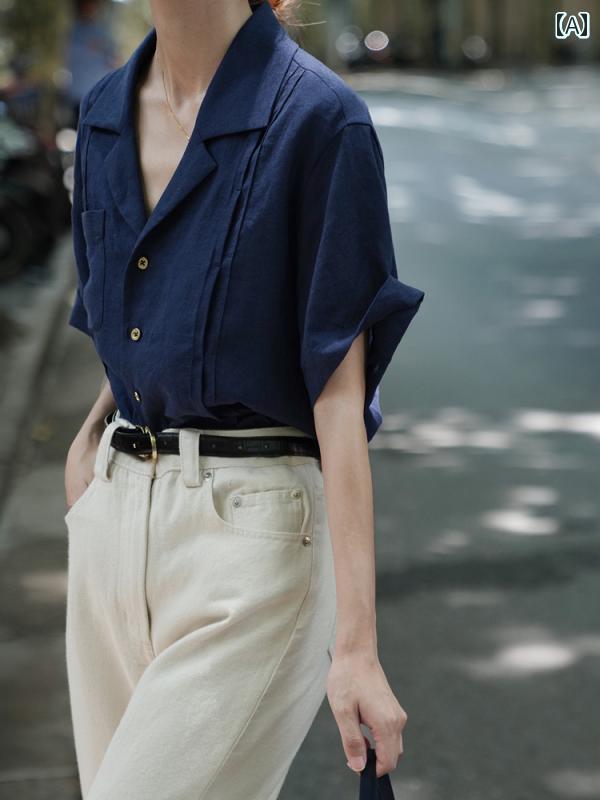 夏の 女性用 フレンチカジュアル 半袖 コットン＆ リネンシャツ ネイビーブルーの レトロ 文学的 ルーズな シャツ リネン トップ