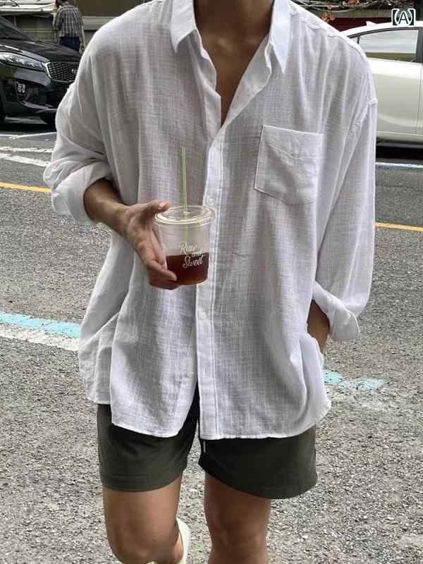 日焼け防止 ホワイト コットンリネン シャツ メンズ 長袖 春夏 薄手 カジュアル ゆったり リネンシャツ