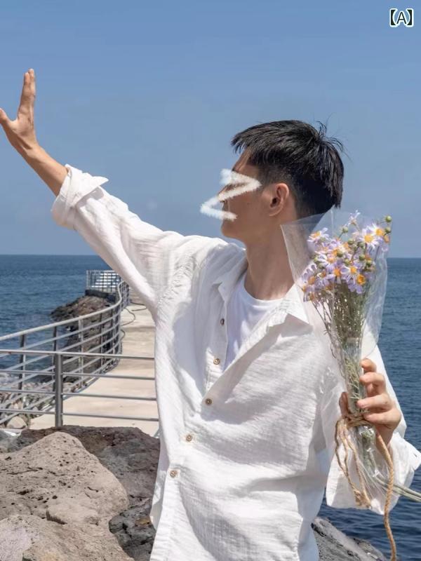 万能な コットンと リネンの 長袖 カップル シャツ 春夏 リネン ビーチ 日焼け防止 衣類 薄手のの 白い シャツ