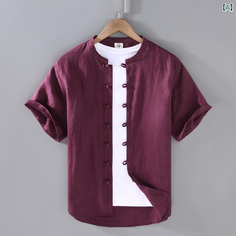 メンズ リネン プレート ボタン スタンドカラー 半袖 赤 シャツ 新 チャイナ風 トレンド 夏 通気性 リネン 生地 シャツ