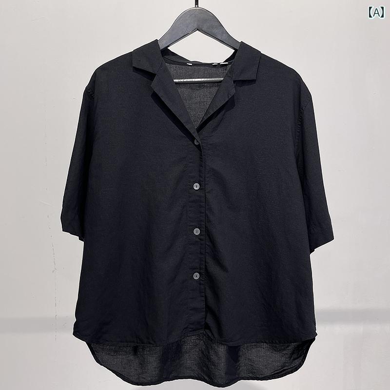 050534 F ボディショップ ジャイアント 199 ホワイト ストライプ スーツ カラー コットンリネン ゆったり 半袖 シャツ 和風