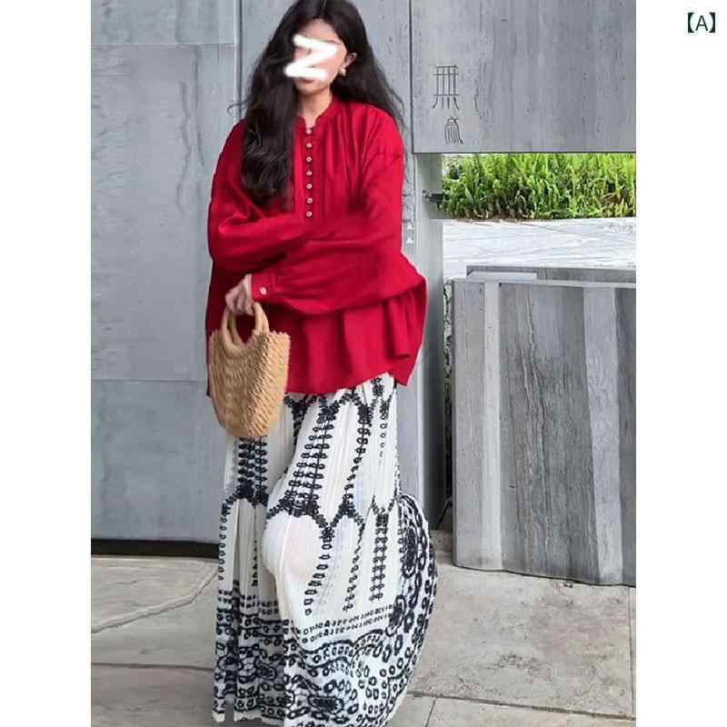 レトロ 赤い スタンドカラーの リネンシャツ 女性 2025 ゆったり コットンと リネンの トップス バット スリーブ シャツ 夏