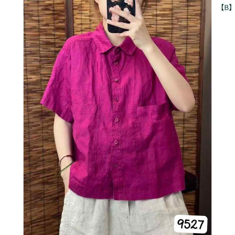 夏の レトロ 優雅 リネン 半袖 シャツ レデイースの シャツ ゆったり スリムトップス