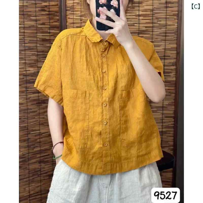 夏の レトロ 優雅 リネン 半袖 シャツ レデイースの シャツ ゆったり スリムトップス