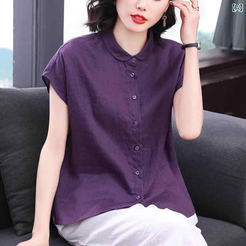 2025夏 100 % リネン 半袖 シャツ 爽 やか 通気性 文様 万能 ドロップ ショルダー バット スリーブ レディースシャツ