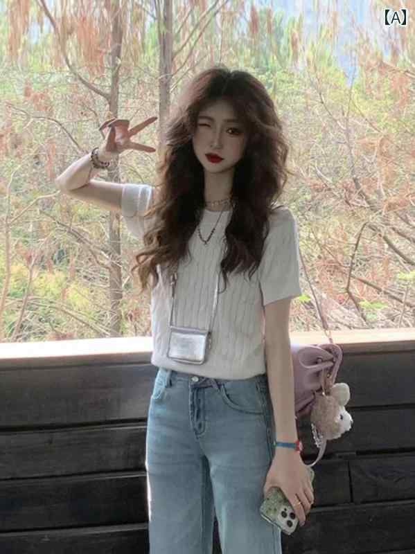 カットソー ワッフル Tシャツ ゆったり シンプル カラー カジュアル おしゃれ 綺麗 トップ アメリカン フィットネス レディース メンズ 韓国 ホワイトの 冷感 刺繍入り ツイスト ニット セーター レディース 夏用 薄手 アウター