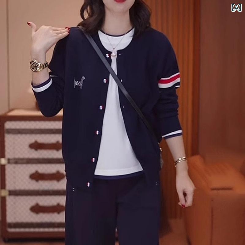 の ファッション カラーマッチング ストライプセーター カーディガンジャケット レディース 2025 春 大きいサイズ カジュアルの ニット セーター トップ