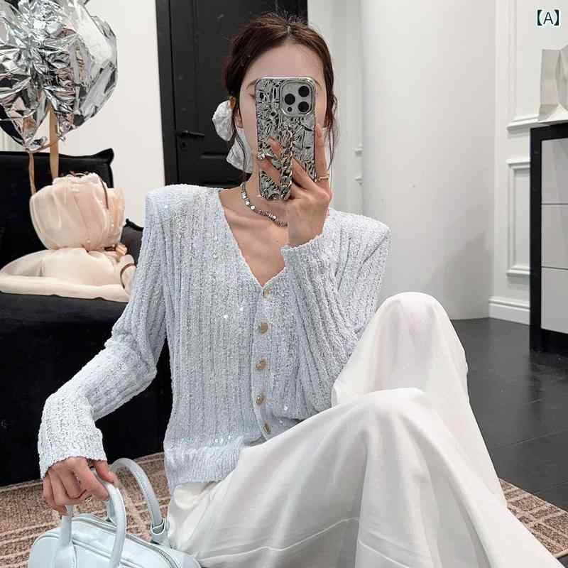 2025 スーパー ホット ブルー シャイニー ニット カーディガン 薄手 Vネック セーター ジャケット アドバンスド ドーパミン トップス レディース 春秋