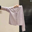 紫色の Vネック ボタン ダウン ニット 長袖 Tシャツ レディース 夏 カーディガン ゆったり の トップス