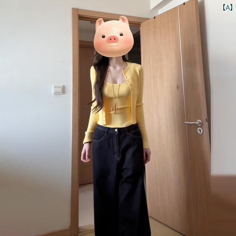 早春のの イエロー ニットカーディガン サスペンダー ツーピース セット 2025 ショート トップ セーター ジャケット 秋