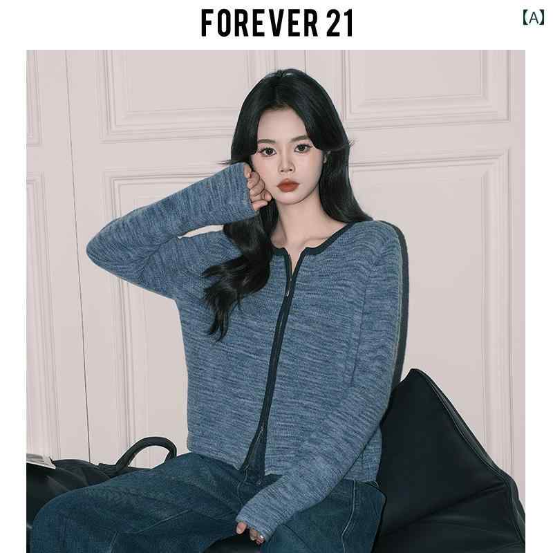 Forever 21 韓国 コントラスト カラー ニットカーディガン レディース レトロ ブルー ゆったり ラウンドネック ボトムス トップ
