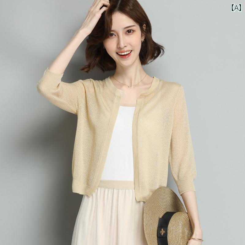 おしゃれな ランジー 夏の マルベリー シルクニット レディース カーディガン 薄手 ショール ロー ラウンドネック ホロー ショート エアコン シャツ