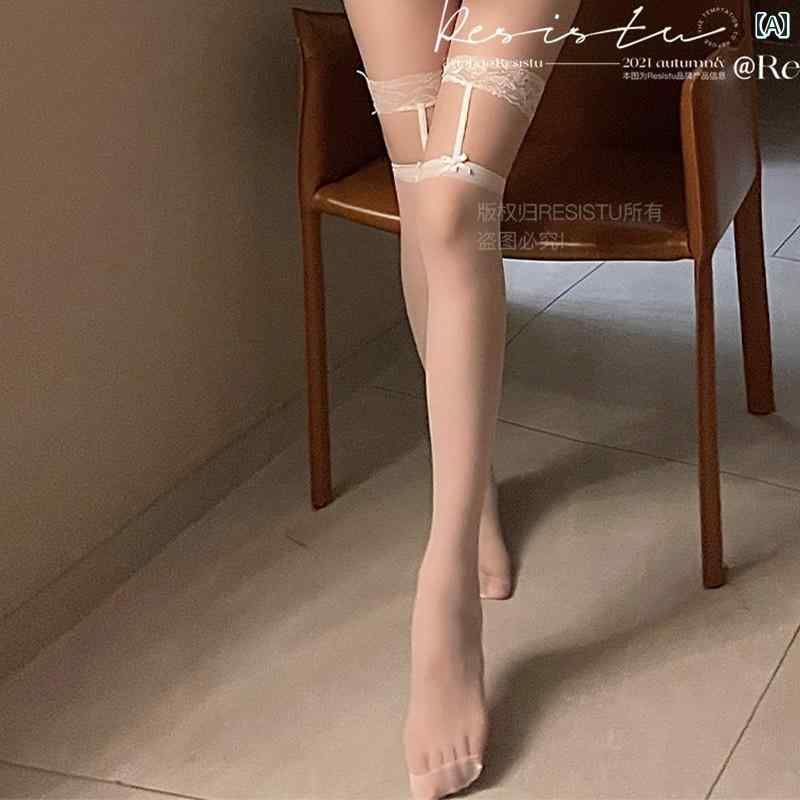 レディース ガーター ストッキング 膝上 サスペンダー インナーウェア 薄手 レース セクシー ブラック