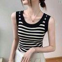 レディース サスペンダー タンクトップ インナーウェア トップス シャツ キャミソール ベスト ニット アウター兼用 ノースリーブ スリムフィット ストライプ ブラック カーキ ブルー