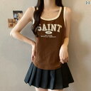 レディース サスペンダー タンクトップ インナーウェア トップス キャミソール ベスト アウター兼用 春夏 ノースリーブ ゆったり 大きいサイズ コットン プリントホワイト ブラック