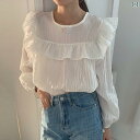 韓国 シック 夏 フレンチ スイートな ラウンドネックの フリル バック タイの ゆったり パフスリーブシャツ 女性用