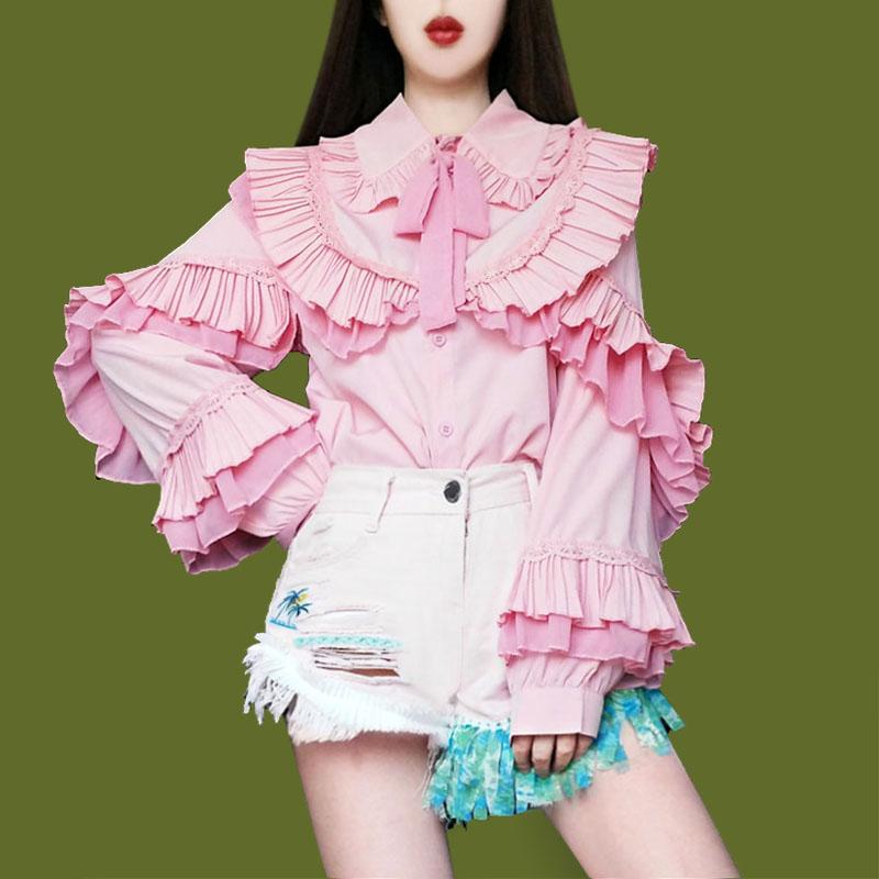 VIVI 童話 館 2025 春秋 マルチレイヤー フリル 重 工業 長袖 シャツ レディース プリーツ ステッチ ケ..