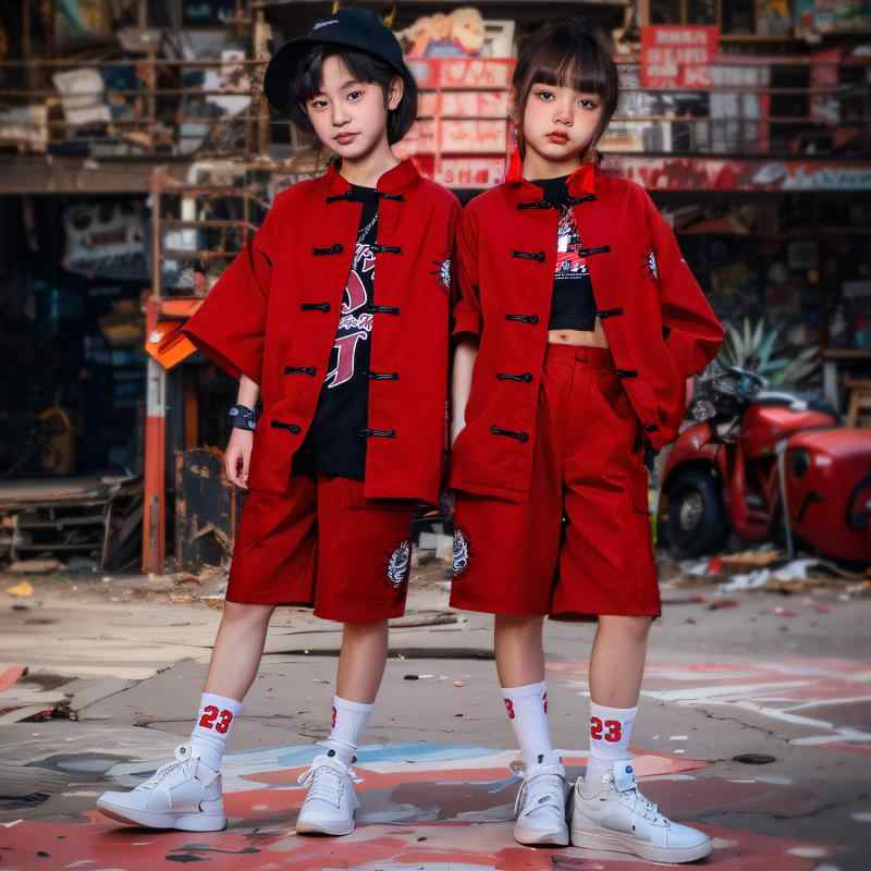 ヒップ ホップ パフォーマンス 衣類 ストリート ダンス ファッション 男の子 子供 ボタン付き ユニセッ..
