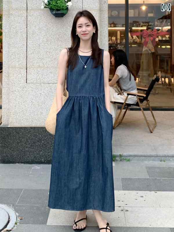 レディース ふんわり ワンピース 無袖 ロング丈 ティアード ガーリー レトロ ノースリーブ デニム ドレス 女性用 2025夏の新 な パッチワーク ベスト ロング スカート(4.0)