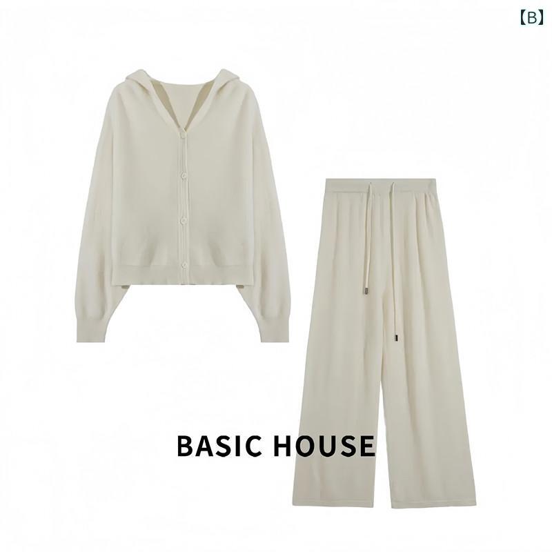 ジャケット ジャンパー セット 春秋冬 カジュアル ファッション フレンチ カーディガン フード付き ニット セーター ハイウエスト ワイドレッグパンツ ツーピース スーツ グレー アプリコット