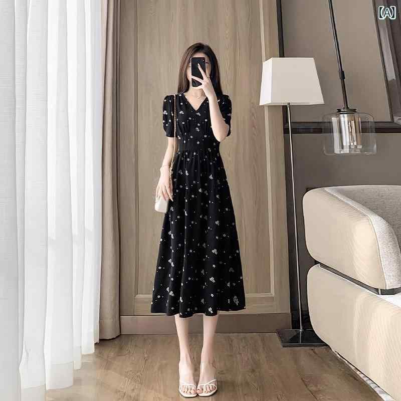 レディース ボリュームスリーブ 無地 マキシワンピース ロング 黒の フレンチ シフォン 花柄 ワンピース レディース 2025夏 Vネック ウエスト カバー お腹 周り aライン スカート