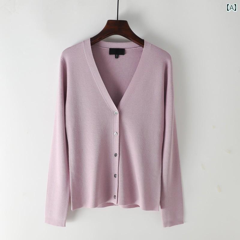 カーディガン 無地 おしゃれ ファッション カジュアル シャツ 長袖 Vネック ニット シルキー 黒 ピンク パープル