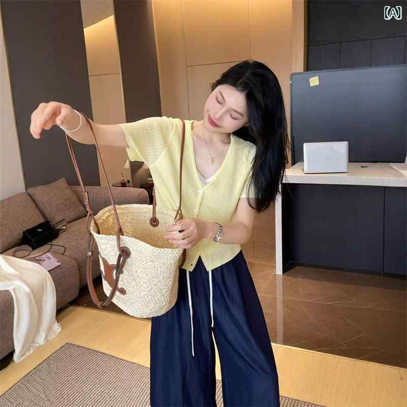 カーディガン サマーニット トップス カジュアル レディース Tシャツ シャツ 半袖 Vネック フェイクツーピース 夏 薄手 涼しい おしゃれ シンプル アウター ファッション 万能 便利 イエロー