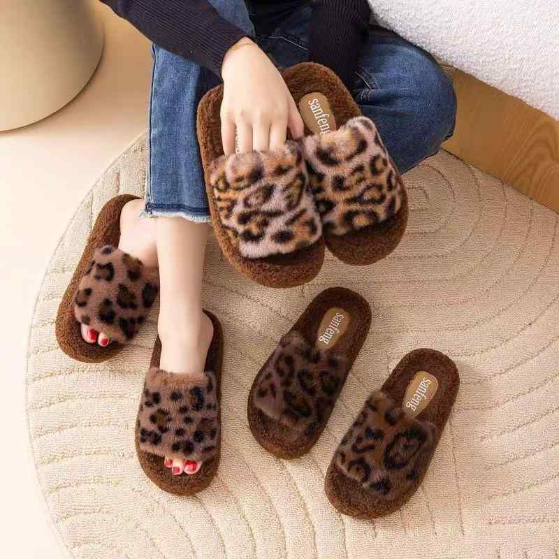 スリッパ 秋冬 ルームシューズ ヒョウ 柄 レオパード 女性用 厚底 オシャレ 暖かい かっこいい
