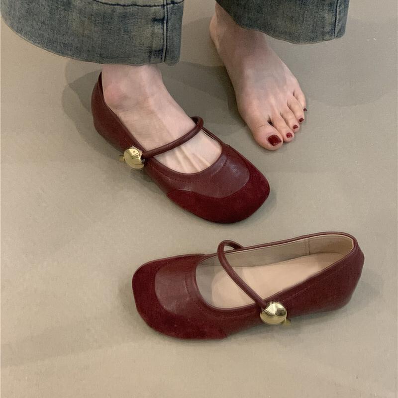 スプライシング チェーン飾り バレエシューズ 格子縞 女性 レディース シープスキン フレンチ 優しい 内側 キュート ラウンドトゥ ストラップ メリージェーン