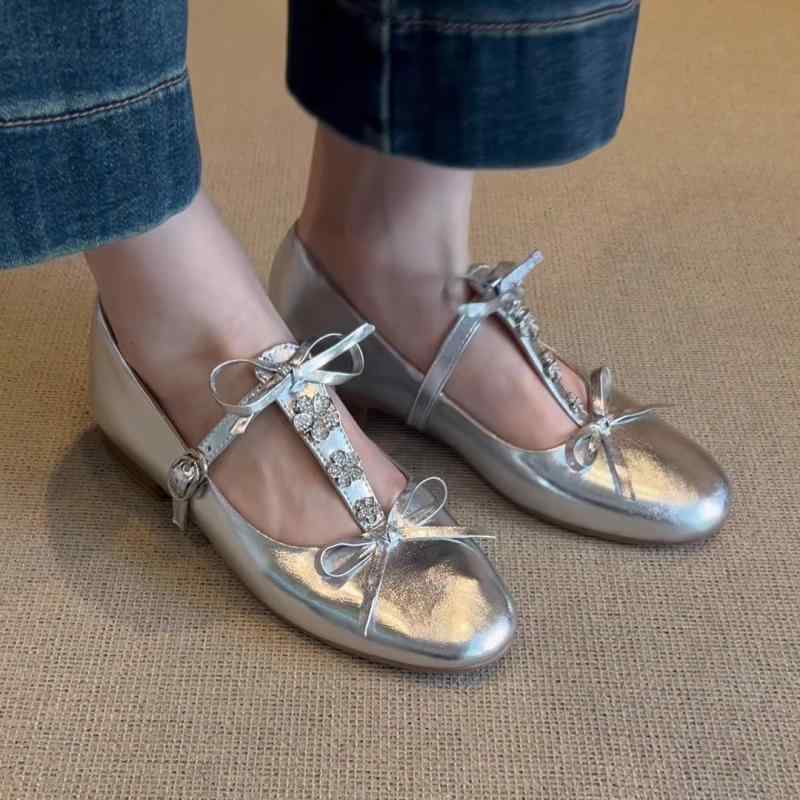 スプライシング チェーン飾り バレエシューズ 格子縞 女性 レディース シープスキン 春 ラインストーン..