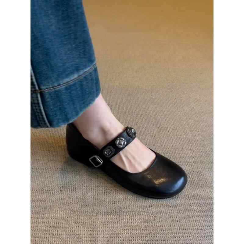 スプライシング チェーン飾り バレエシューズ 格子縞 女性 レディース フレンチ フラット ラウンドトゥ 革 イブニング バックル ストラップ 浅め ラインストーン メリージェーン