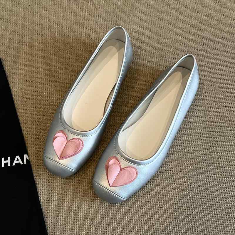 スプライシング チェーン飾り バレエシューズ 格子縞 女性 レディース シープスキン フレンチ ハート型 スクエアトゥ 浅め フラット スリッポン メリージェーン