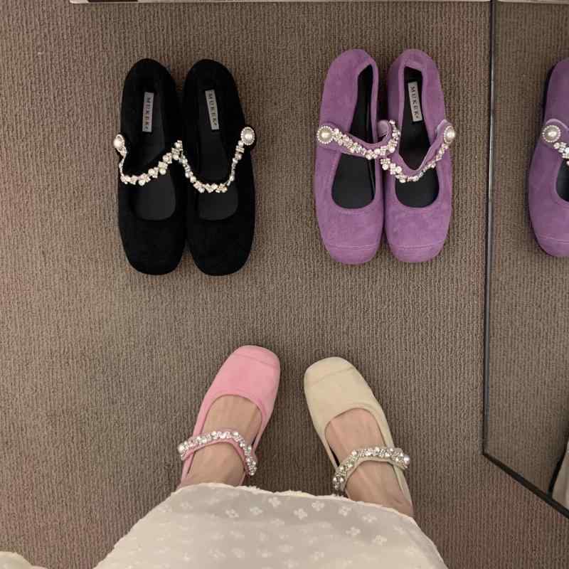 スプライシング チェーン飾り バレエシューズ 格子縞 女性 レディース アプリコット 夏 スエード ロー..