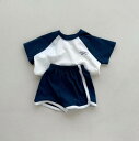 コントラスト バインディング ノッチネックライン ノットフロント ラウンジセット 上下 韓国 子供服 綿 カジュアル スポーツ 半袖 ショート パンツ スーツ 夏 シンプル 快適 ツーピース